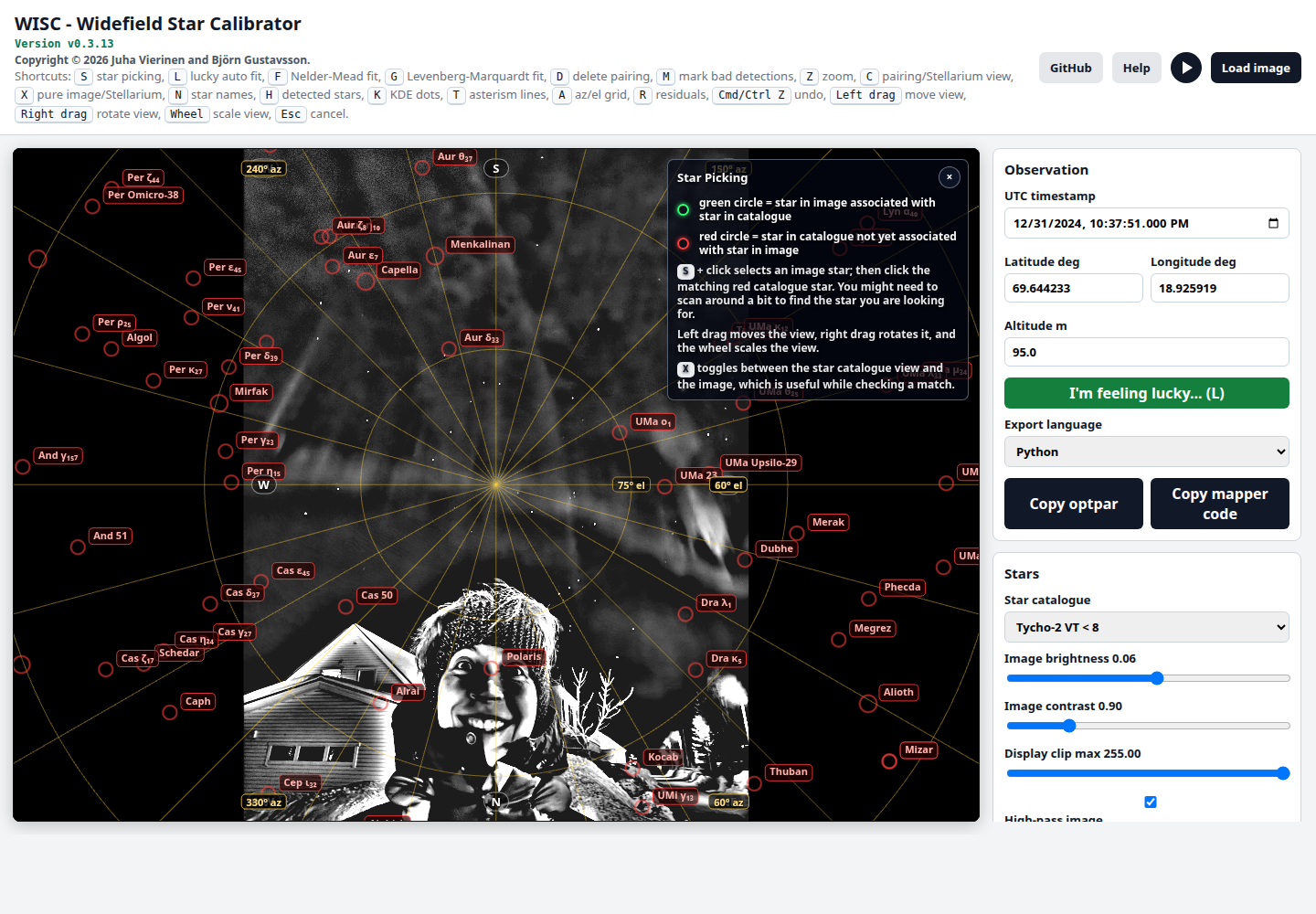 Screenshot of the AIDA widefield star calibrator